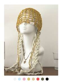 1pc Handmade Beaded Knit Hat, Women's Retro Hollow For Photo Shooting, Boho Chic Headwear, Pure Handmade Beaded Knit Hat, Women's Fashionable Retro , Hollow Out Beaded Tassel Headwrap, Summer Thin Breathable Face-Slimming Beanie - White Label Silver Beads Wide Pattern - View 13