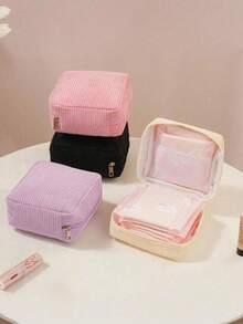 Sanitary Napkin Storage Bag, Fine Striped Corduroy Multi-Functional Portable Storage Pouch, Cosmetic Lipstick Bag, Large Capacity Can Store Sanitary Napkins, Coins, Cosmetics, Women's Essentials - Multicolor - View 2