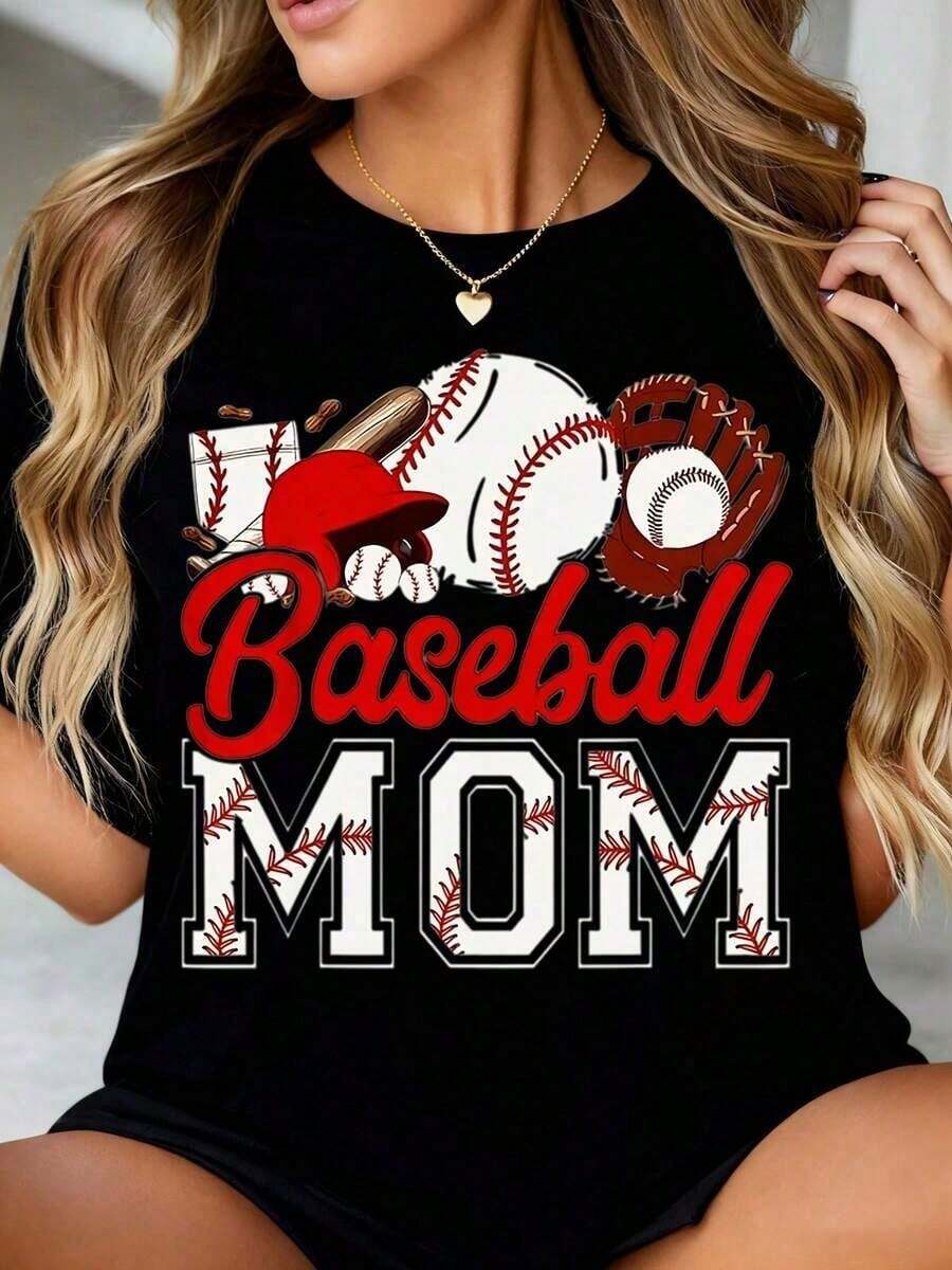 Camiseta de manga corta para mamá beisbolista - Linda camiseta con diseño gráfico para amantes del beisbol para mujeres, perfecta para días de juego, el Día de la Madre o para uso diario, co - Negro - Ver 1