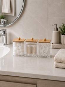 Bathroom Vanity Storage Set, Including A Transparent Cotton Swab Holder, Cotton Pad Storage Box, And Makeup Sponge Container. Transparent Countertop Storage, Suitable For Bathroom And Vanity Use. - Multicolor - View 3