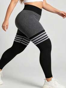 Plus Size Casual Sports Yoga Pants, Seamless Color Block Striped Design, High Waist Tummy Control Lifting, Suitable For Fitness & Daily Wear - Black and White - View 10
