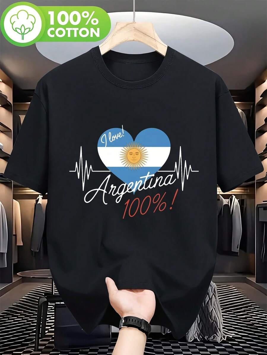 Camiseta Teediy para Mujer con Bandera de Argentina y Corazón - Diseño de la selección nacional con texto "Argentina 100%", ropa para aficionados al fútbol, camiseta de manga corta con cuello redondo y corte holgado, estilo casual y cultural, temática de fútbol. - Negro - Ver 1