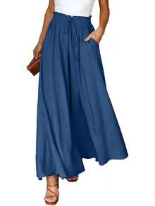 Pantalones  para Mujer, Casuales, de Cintura Elástica, Pierna Ancha y con Bolsillos - 1 Azul - Ver 1