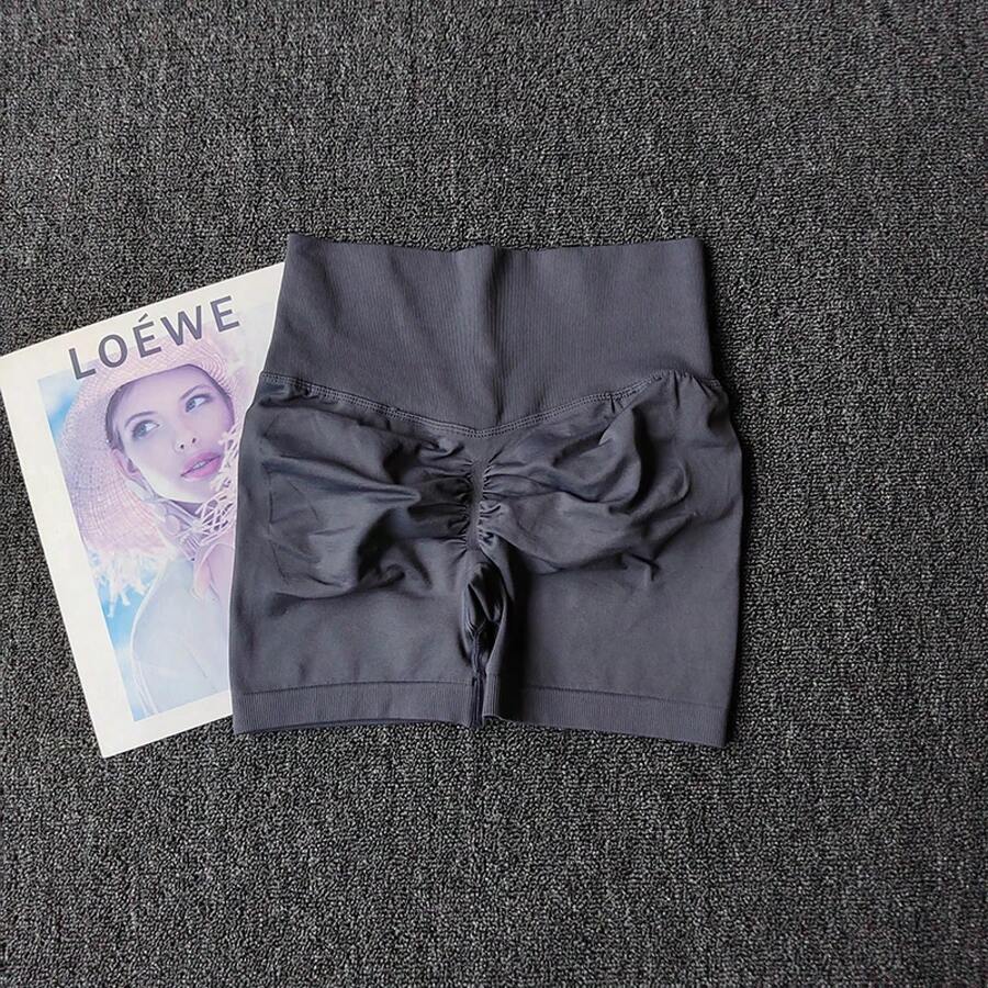 Peach Yoga Shorts For Girls, High Waisted Crisscross Shorts, Snap Knit, Running, Sports, Elastic, Tummy Lift, Butt-Skimming Shorts - 莫格雷 - 查看 1