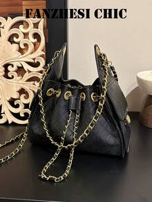 Black Quilted Chain Shoulder Bag, Fully Covered In Delicate Quilted Stitching, Drawstring Closure With Metal Ring Reinforcement, Flap Sides Adorned With Round Gold Buckles, Soft Yet Structured Body With Ample Capacity, Can Store Phone, Powder Compact, Keys, Short Wallet, Pure Black Versatile For Coats, Suits, Knit Sweaters, Naturally Exudes An Elegant Atmosphere - Black - View 2