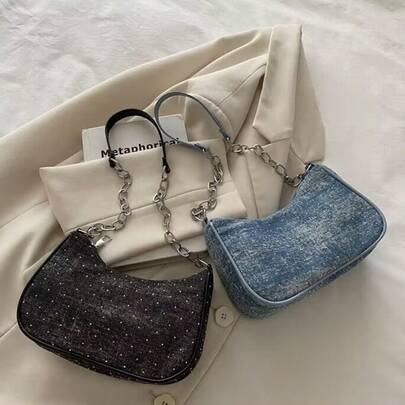 Bolso de hombro cruzado de denim lavado con strass en la axila, cadena de metal, bolso de mano versátil de nicho para mujer