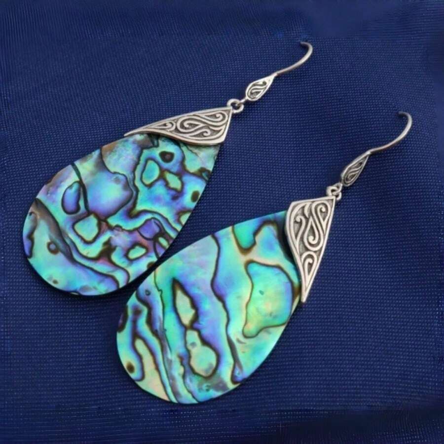 Anting Gantung Resin Cangkang Abalon Imitasi Berbentuk Tetesan Air, Bahan Emas Putih Berlapis Tembaga, Desain Vintage, Aksesori Desainer Niche Unik - Perak - View 1