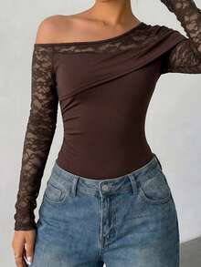 Women's Off-Shoulder Lace Long Sleeve Bodysuit, Sexy Slim Fit Elastic Top, Tight Bodycon Blouse, Suitable For Party, Date, Commute (YY1239) - Brown - View 5