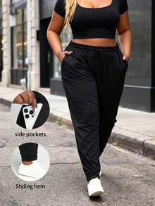 Plus Size Women's Casual Sweatpants With Pockets And Drawstring, Loose Fit, Black Color, Sporty Style Sports - Black - View 3