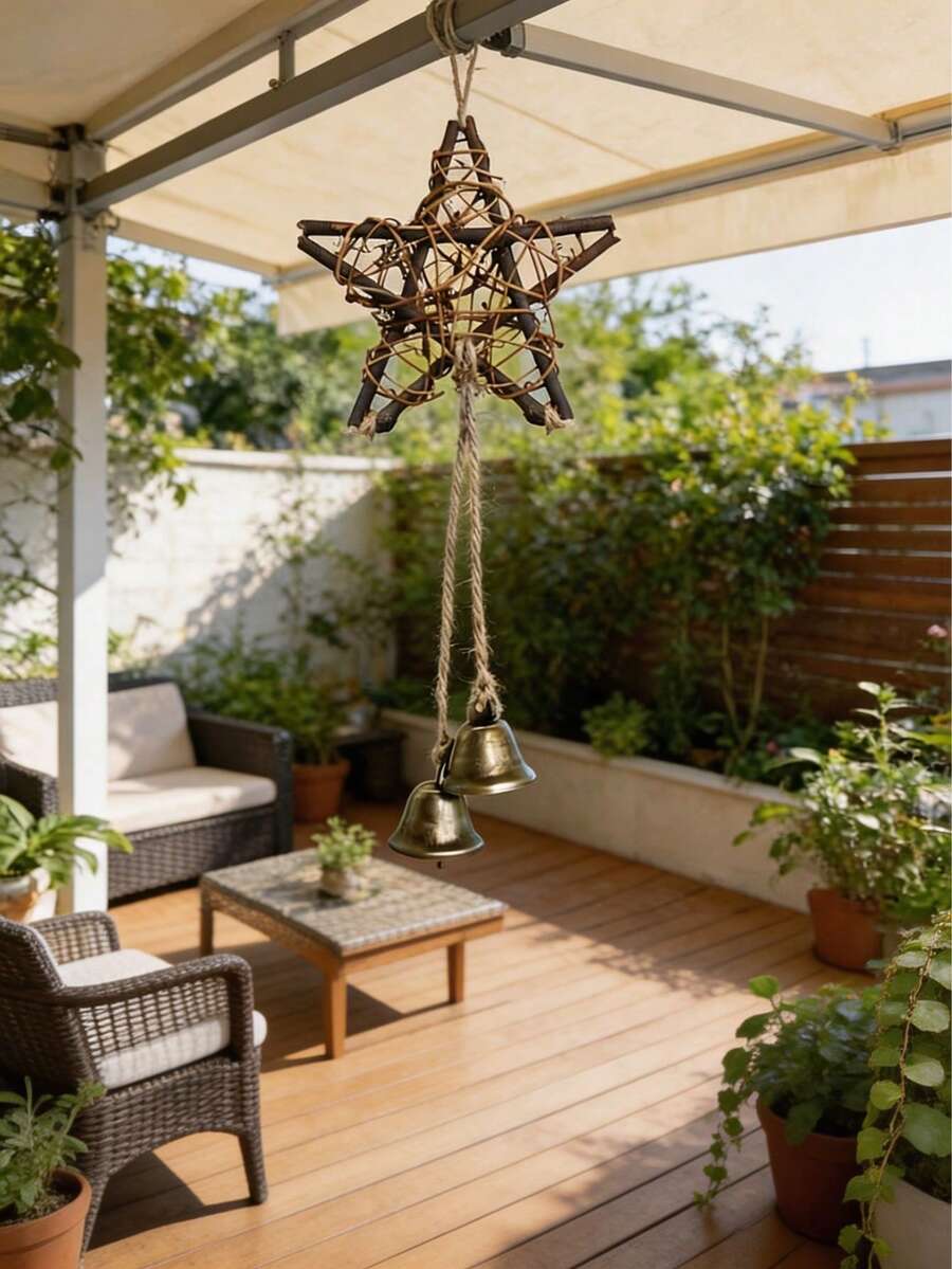 1pc Star-Shaped Wind Chime, Indoor/Outdoor Decorative Hanging Ornament, Room Decor Wind Chime With Star-Shaped Vine Hoop And Bronze Bell, Perfect For Door, Garden And Wall Decoration | No Power Needed, Holiday Atmosphere Decor, Ideal Holiday Gift - A - View 1