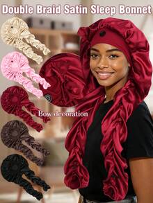 2-In-1 Adjustable Satin Bonnet With TieLong Satin Sleep Cap For Long Hair/Braids,Soft Satin Hair Bonnet With Button Night Hair Cover For Curly Hair - A - View 11