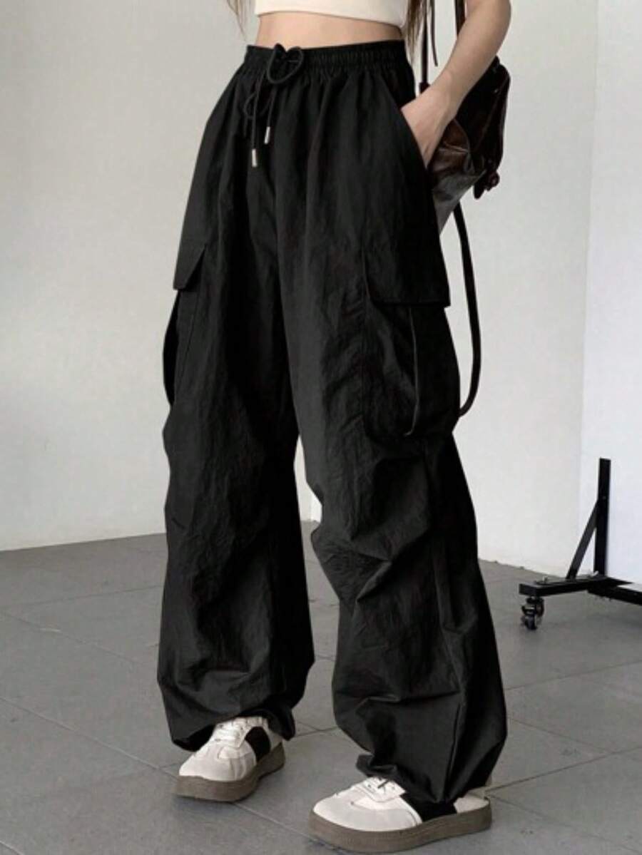 Pantalones De Pierna Ancha De Color Sólido Con Cordón En La Cintura Para Mujeres - Negro - Ver 1
