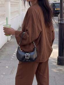 Brown Loose-Fit Pantsuit, Women's Casual V-Neck Long Batwing Sleeve Tie-Waist Shirt Set, Spring And Autumn Fashion Outfit Elegant - Brown - View 2