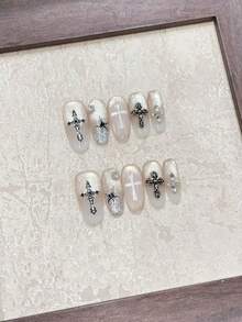 Y2K Gothic Style 5pcs Handmade Oval Nail Art Stickers, Cream White Glossy Cat Eye Design With Cross Stickers And Rhinestone Decor, Cool And Edgy, Suitable For Party, Date And Daily Wear, Wearable Acrylic Nail Art Set Nails - White - View 3