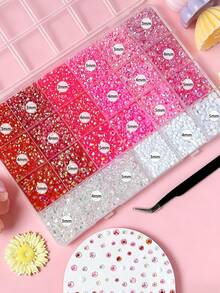 1Box Red Pink Clear Flatback Rhinestones Kit, Mixed Multi-Size 3/4/5mm AB Iridescent Round Crystal Rhinestones With Tweezers, Dotting Pen & Tray Tools, Bedazzling Gem Set For Nail Art, Tumblers, Clothing, Shoes & DIY Handmade Crafts Nail Charms - Multicolor - View 2