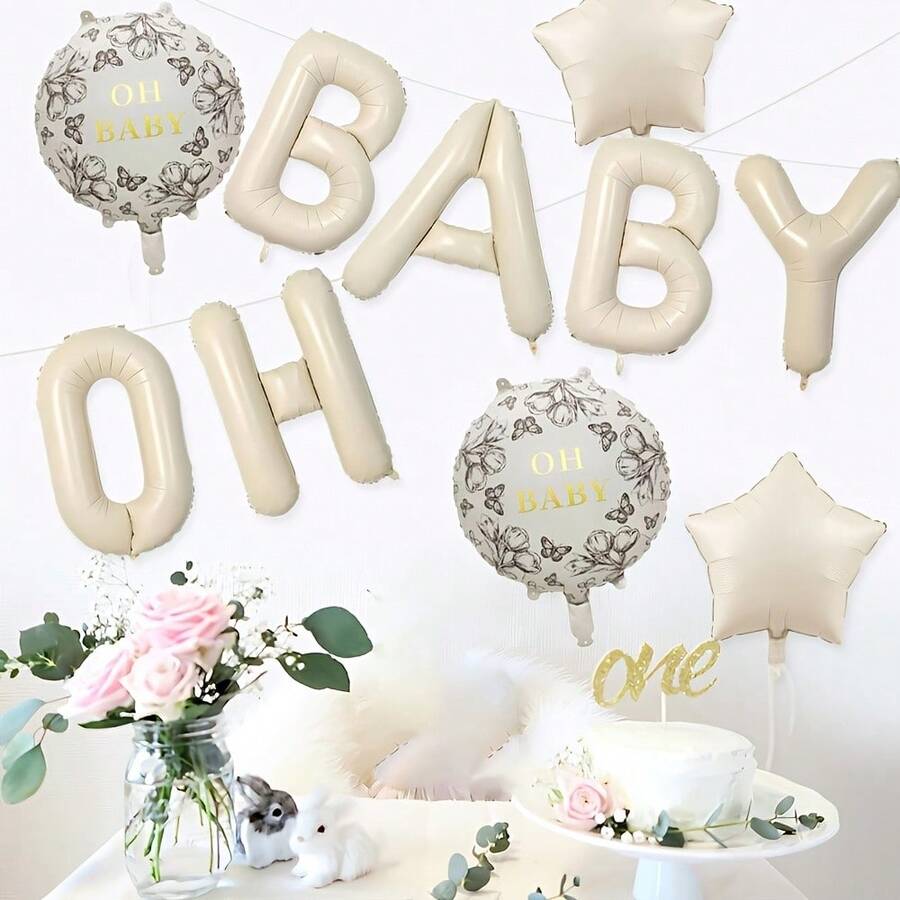 Banner de Balões Metalizados OH BABY Branco Creme, Decoração Neutra para Chá de Bebé, Balões Mylar Redondos e em Forma de Estrela com Flores, Decoração de Fundo para Festa de Revelação de Género e Gravidez - Multicolorido - Ver 1