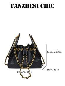 Black Quilted Chain Shoulder Bag, Fully Covered In Delicate Quilted Stitching, Drawstring Closure With Metal Ring Reinforcement, Flap Sides Adorned With Round Gold Buckles, Soft Yet Structured Body With Ample Capacity, Can Store Phone, Powder Compact, Keys, Short Wallet, Pure Black Versatile For Coats, Suits, Knit Sweaters, Naturally Exudes An Elegant Atmosphere - Black - View 5
