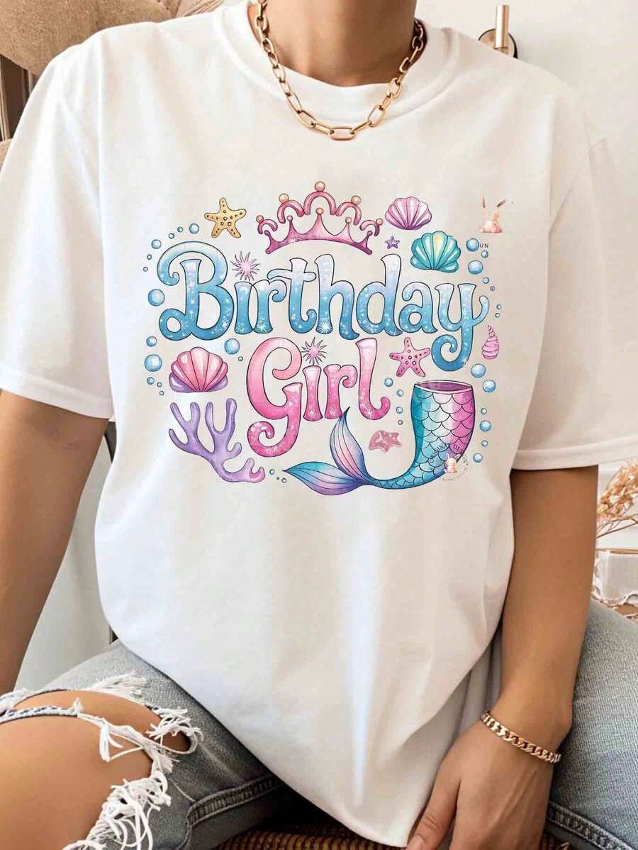Oversized Mermaid T-Shirt Birthday Short Sleeve Casual Fashion Youth Style Japanese Kawaii Urban Novelty Retro Graphic - 白色的 - 查看 1