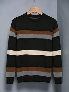 Men's Knitted Sweater, Round Neck, Long Sleeves, Premium Wool, Basic And Comfortable Winter Clothing - 黑色條紋 - 查看 1