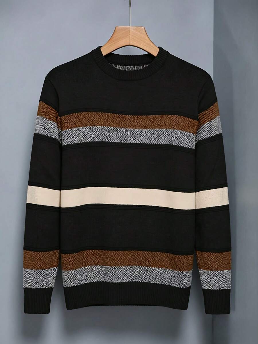 Men's Knitted Sweater, Round Neck, Long Sleeves, Premium Wool, Basic And Comfortable Winter Clothing - 黑色條紋 - 查看 1