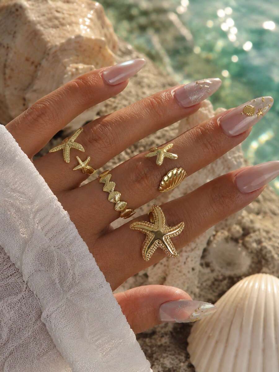 4pcs/Set Creative Starfish & Shell Design Adjustable Rings, Multi-Layer Stacking Rings, Elegant Beach Vacation Jewelry Accessories, Suitable For Summer Beach Party, Vacation, Bikini Outfit - Ideal Holiday Gift For Women - Yellow Gold - View 1
