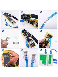 Yakiter Kit de RJ45 Crimp Herramientas158 Pcs Herramientas para Reparación de Red Ponchadora Jack RJ45 con Conector Tester y Pelacables Aptas para la Comprobación de Cables de Red Cat5 5E 6 6A - Amarillo - Ver 9