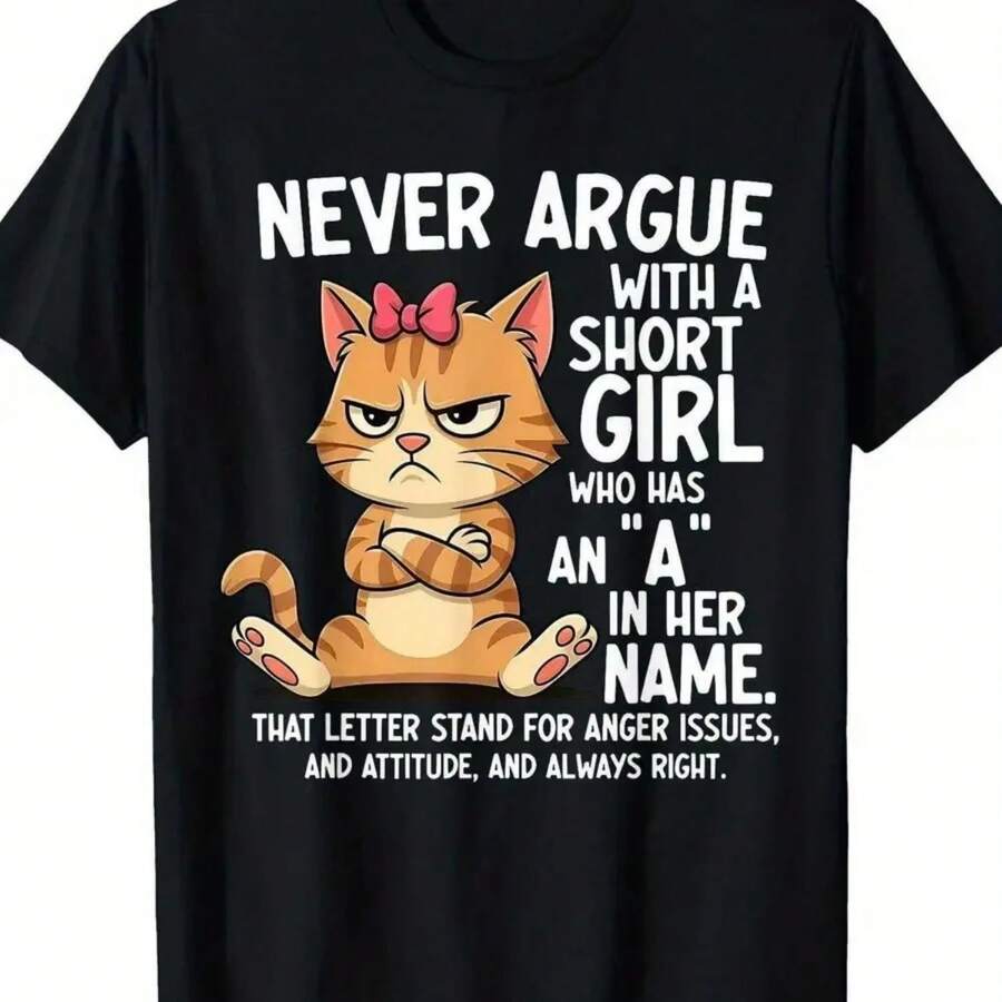 Angry Cartoon Cat Pattern T-Shirt - Personalized Black T-Shirt, Decorated With Orange Furry Cat And - Black - View 1