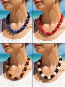 1pc European & American Bohemian Round Geometric Acrylic Mixed Color Beaded Rope Handmade Knotted Women's Necklace With Stainless Steel Accessories, Holiday Gift, Daily Wear - Hand-knotted Resin Stainless Steel Accessory Necklace - View 4