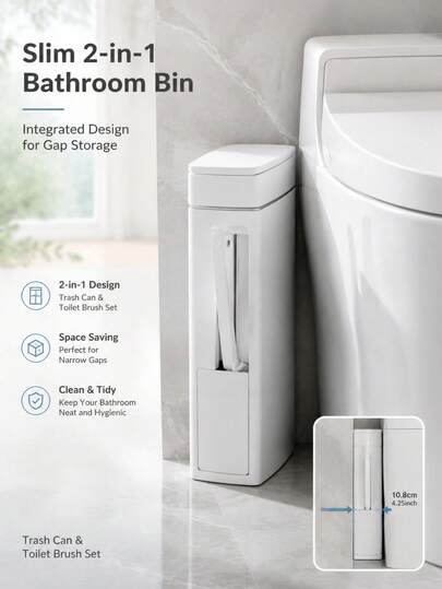 Toilet Brush Gap Trash Can, Ultra-Thin Corner Toilet Brush Holder With Plastic Lid, Slim Corner Trash Can For Bathroom And Toilet, Bathroom Trash Can
