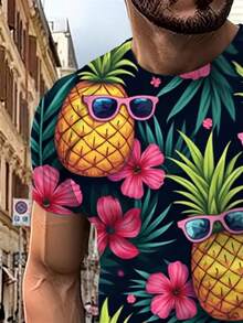Camiseta de Hombre con Estampado Tropical de Piña y Frutas - Fondo Oscuro, Manga Corta, Cuello Redondo, Diseño Casual con Piñas Coloridas y Motivos Florales, Lavable a Máquina, Adecuada para - Negro - Ver 5