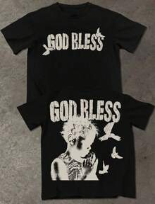 Manfinity LEGND T-shirt décontracté pour hommes avec slogan et motif de figure, col rond, manches courtes, été - Noir - Voir 1