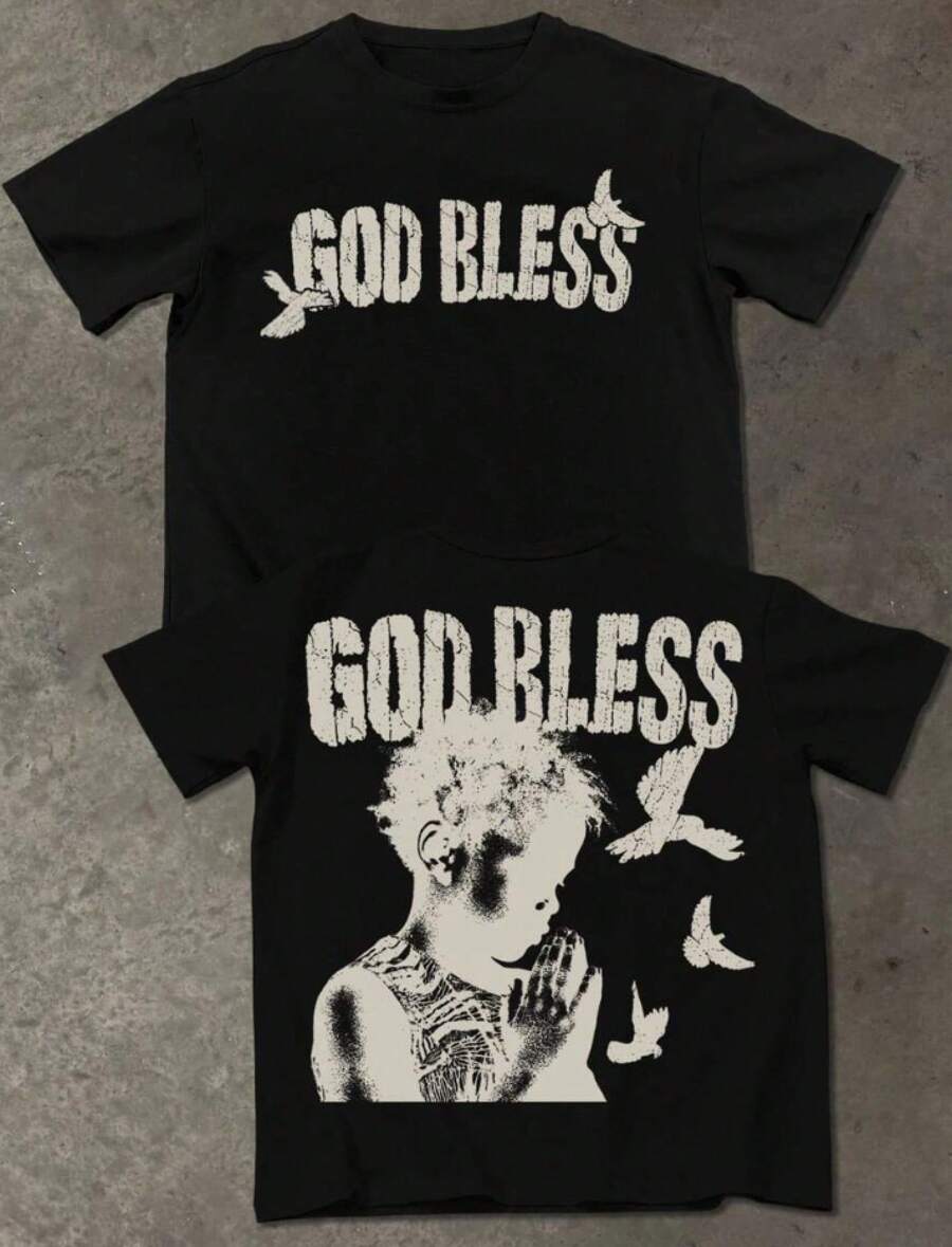 Manfinity LEGND T-shirt décontracté pour hommes avec slogan et motif de figure, col rond, manches courtes, été - Noir - Voir 1