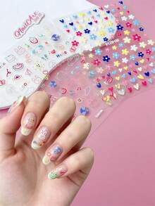2pcs 3D/5D Embossed Relief Nail Stickers, Nails, DIY Decoration, Using Macaron Multi-Color Ditsy Floral Patterns, Colorful Hearts, Hand Drawn Cartoons, Cars, Planet Patterns, Suitable For Creating Spring And Summer Y2K, Cute Graffiti Style Nail Art - Multicolor - View 2