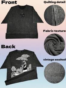 Camiseta Negra Oversize Lavada Estilo Vintage con Gráficos, Ropa para Hombre y Mujer, Diseño 'Umbrella Girl Ruins', Camiseta sin Mangas de Felpa Francesa Estilo Boxy Anime, Ropa Urbana Estil - Negro - Ver 5