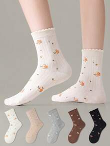 ZUJO 5 Pasang Kaos Kaki Wanita Setengah Betis, Motif Bunga, Cocok untuk Pemakaian Sehari-hari, Sederhana dan Nyaman, Bernapas, Warna Acak - MultiWarna - View 7