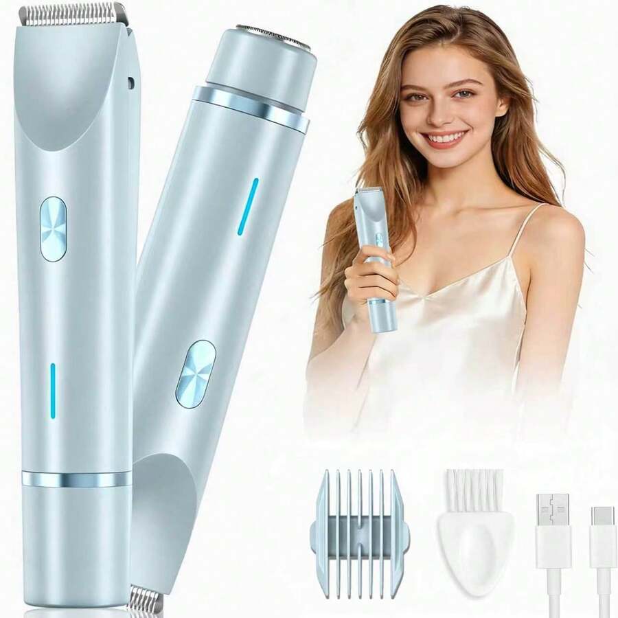 2 In 1 Women Electric Razor & Bikini Trimmer, IPX7 Waterproof Wet Dry Shaver With Ceramic Sharp Blade, USB Rechargeable 400mAh Dual Head Hair Trimmer For Face, Underarm, Leg And Pubic Hair, Portable Personal Groomer, Gift For Men Women,Multiple Color - 淺藍色 - 查看 1