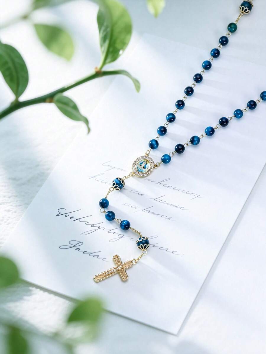 Kalung Rosario Religius Manik Hijau, Salib & Liontin Santo Yudas & Bunda Maria, Aksesori Devosi Katolik Klasik untuk Hari Raya Keagamaan dengan Kotak Hadiah. - Biru - View 1