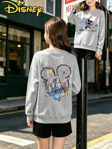 Teen Girl Clothes Disney Lilo And Stitch Castle Mickey Balloon Print Loose Fit Crewneck Sweatshirt - 灰色 - 查看 1