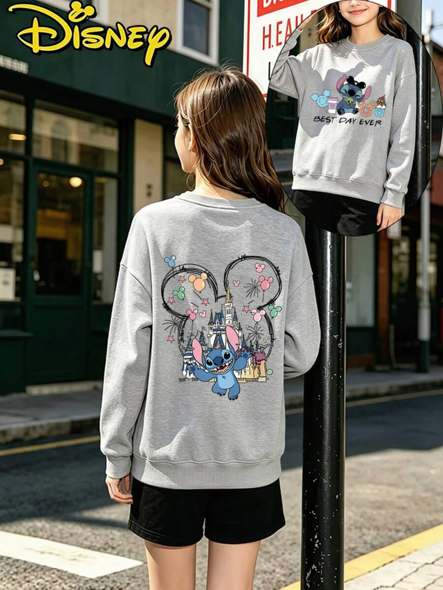 Teen Girl Clothes Disney Lilo And Stitch Castle Mickey Balloon Print Loose Fit Crewneck Sweatshirt - Grey - View 1