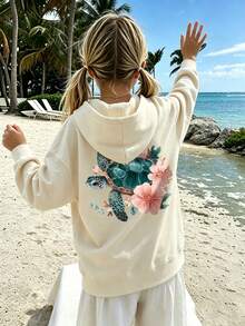 Girls Watercolor Sea Turtle Floral Back Print Hoodie, Casual Loose Pullover - Apricot - View 2