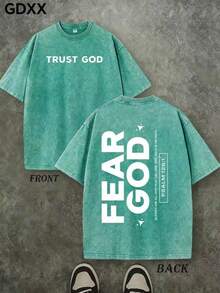 Jesus Graphic Print T-Shirt 'God Has A Plan', Double-Sided Print, Washed T-Shirt, Party Favors, Y2K Graphic Tees For Men, Vintage Washed Style T-Shirts - 軍綠色 3 - 查看 1