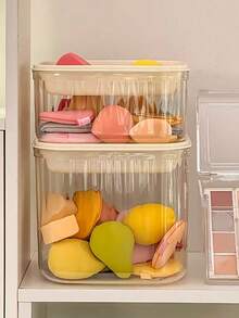 1 pieza Caja de almacenamiento para borlas de polvo, organizador de cojines, soporte para cosméticos, separación de seco y húmedo, transpirable, gran capacidad, material de plástico transparente, caja de almacenamiento de escritorio, adecuada para borlas de polvo, esponjas de maquillaje y otros almacenamientos de cosméticos. - Multicolor - Ver 3
