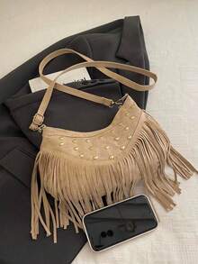 1 buah Tas Selempang Minimalis Unik Warna Polos, Bahan Suede Khaki Halus, Resleting Halus, Hiasan Rivet dan Rumbai, Cocok untuk Wanita - Khaki - View 10