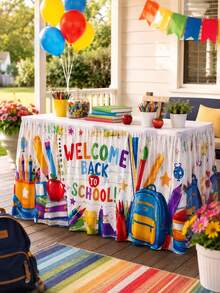 1pc Welcome Back To School Table Skirt, Colorful Polyester Rectangular Pleated Tablecloth With Pencil, Apple, Book And Backpack Print, Classroom Party Table Decor, Suitable For Teacher Welcome, First Day Of School And School Events - Multicolor - View 8