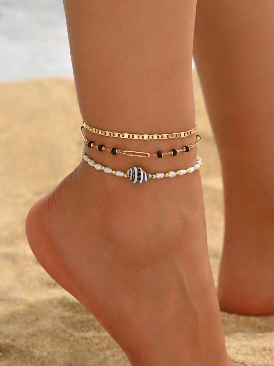 Ocean Style Seashell Pendant Bohemian Glass Bead Anklet Multi-Piece Set - Multicolor - View 1