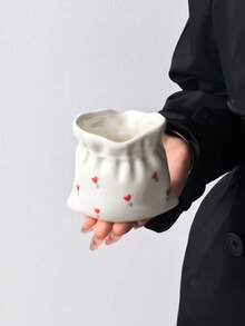 1PC Cute Drawstring Purse Shaped Ceramic Cup, Pocket Shaped Coffee Mug, Mini Heart Bow Flower Pattern Pen Holder, Ins Style Desktop Storage Jar, Can Hold Makeup Brushes, Home Decor Gift - Multicolor - View 16
