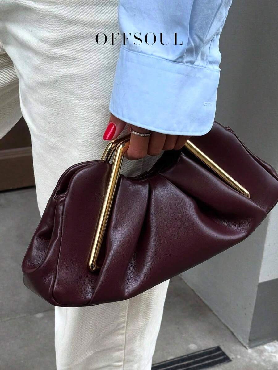 Bolso de Mano Vintage Asimétrico con Volantes, Bolso Único con Herrajes Metálicos, Bolso de Noche Retro de Alta Gama, Regalos para Mujeres, Año Nuevo, Bolsos Elegantes para Damas - Beis - Ver 1