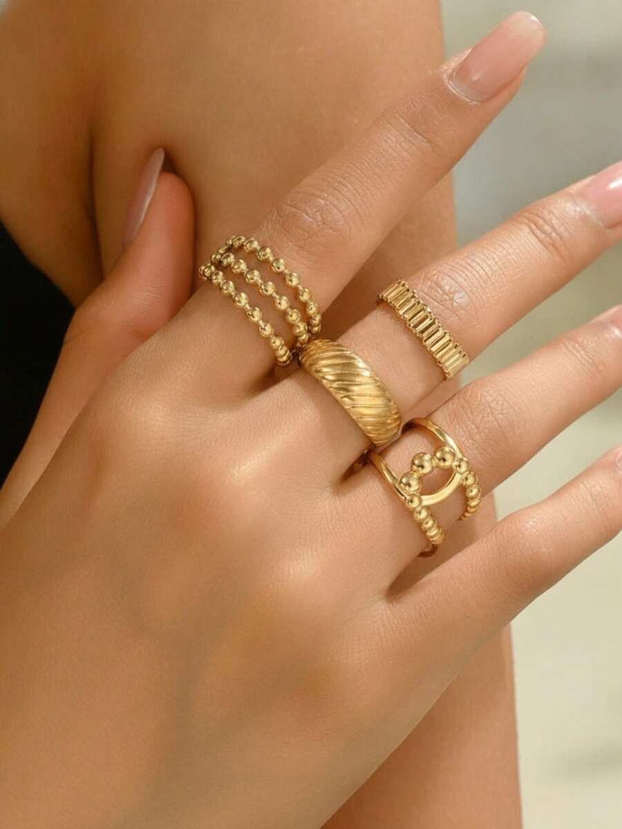 4pcs Stainless Steel Women's Stackable Rings, Thin Band Wide Face Open Combination Rings, Beaded Vertical Stripe Spiral Texture Metal Elements, European And American Vintage Niche Luxury Minimalist Style, Gold Color, Suitable For Women's Daily Commute, Shopping, Dating Outfits, Valentine's Day, Qixi Festival, Birthday Gift Jewelry - Ring - View 1