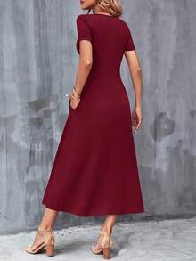 Casual V-Neck Short Sleeve Dress With Pockets. Solid Color, Machine Washable, Versatile For All Seasons. - 酒紅色 - 查看 5