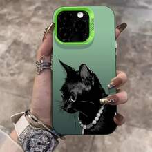Black Cat Necklace Case For Apple 16Pro,  15Pro, 14Pro, European And American 17Pro New Model - Silver Case - White - Necklace With Black Cat - View 3
